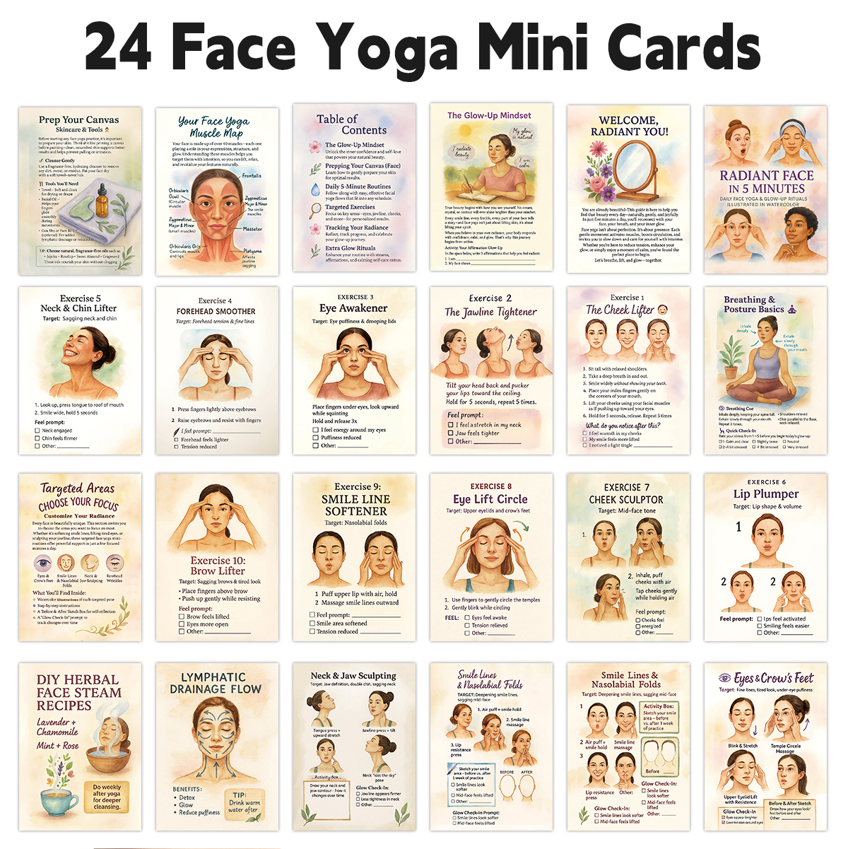 Health Wellness Guide - 24pcs Radiant Face Yoga Cards,Pocket Guide